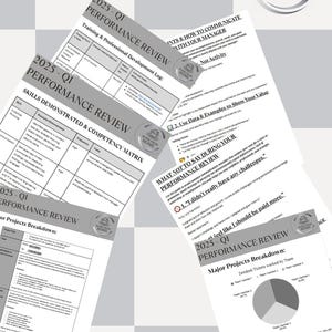 May include: Several white and grey performance review templates, including a skills matrix and project breakdown. The documents feature the text "Performance Review" and "Work From Home" logos. The templates are designed for career progression.