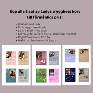 Puede incluir: Una colección de tarjetas coloridas con imágenes de perros, corazones y texto en sueco. Las tarjetas están dispuestas en conjuntos, cada uno con varias tarjetas. El texto incluye frases como "Godnatt med Lady" y "Du är trygg".