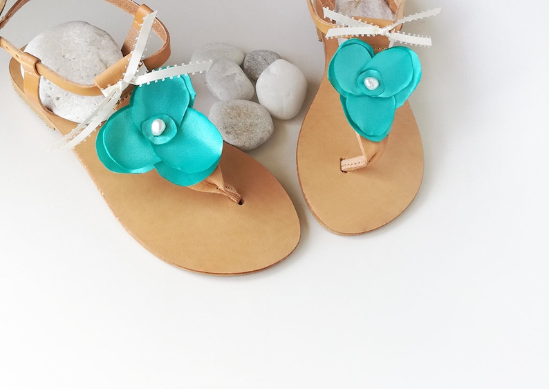 Wedding Party Flats Greek Leather Sandals Pearl Sandals Floral Sandals Bridesmaid Sandals Turquoise Bridal Sandals T-bar Sandals