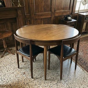 Mesa de comedor danesa vintage de teca, Frem Røjle, mesa extensible de mediados de siglo, mesa y 4 sillas.