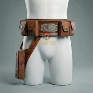 May include: A brown leather belt with multiple pouches and a holster. The belt has a metal buckle and is designed to be worn around the waist. The belt is displayed on a white mannequin.