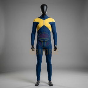 May include: A full-body jumpsuit featuring a dark blue base with a prominent yellow X-shaped design across the chest and shoulders. The garment includes a high collar, a central front zipper, and long sleeves, displayed on a black mannequin.
