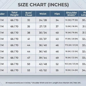 K&ouml;nnte beinhalten: Eine Gr&ouml;&szlig;entabelle mit der &Uuml;berschrift SIZE CHART (INCHES) mit Zeilen f&uuml;r die Gr&ouml;&szlig;en XS bis 4XL. Die Spalten umfassen Geschlecht, Gesamth&ouml;he, Brustumfang, Taille, H&uuml;fte, Schulterbreite, Arml&auml;nge und Innenbeinl&auml;nge. Die Ma&szlig;e sind in Zoll angegeben.