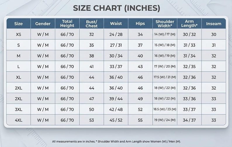 K&ouml;nnte beinhalten: Eine Gr&ouml;&szlig;entabelle mit der &Uuml;berschrift SIZE CHART (INCHES) mit Zeilen f&uuml;r die Gr&ouml;&szlig;en XS bis 4XL. Die Spalten umfassen Geschlecht, Gesamth&ouml;he, Brustumfang, Taille, H&uuml;fte, Schulterbreite, Arml&auml;nge und Innenbeinl&auml;nge. Die Ma&szlig;e sind in Zoll angegeben.