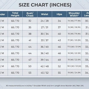 K&ouml;nnte beinhalten: Eine Gr&ouml;&szlig;entabelle mit der &Uuml;berschrift SIZE CHART (INCHES) mit Zeilen f&uuml;r die Gr&ouml;&szlig;en XS bis 4XL. Die Spalten umfassen Geschlecht, Gesamth&ouml;he, Brustumfang, Taille, H&uuml;fte, Schulterbreite, Arml&auml;nge und Innenbeinl&auml;nge. Die Ma&szlig;e sind in Zoll angegeben.
