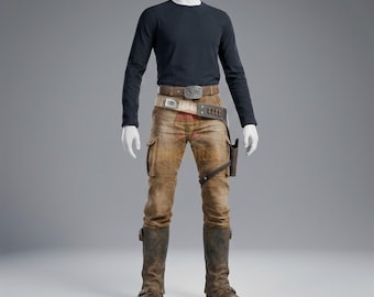 May include: A black long-sleeve shirt paired with tan distressed cargo pants, a brown leather utility belt featuring a metallic buckle and holster, and dark brown leather boots. The ensemble is displayed on a white mannequin against a gray background.
