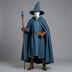 Disfraz de mago azul medianoche: túnica de archimago, capa con capucha, sombrero y cinturón de cuero.