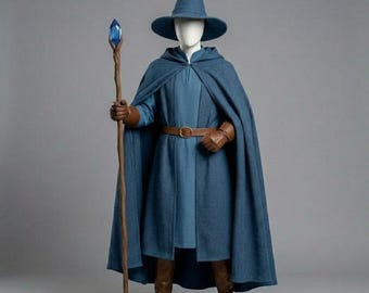 Midnight Blue Wizard Costume Archmage Robe, Hooded Cloak Set, Hat and Leather Belt