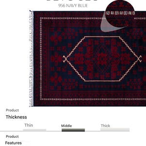 May include: Navy blue and red patterned rug with a cream-colored geometric design. The rug features the text "BEYOĞLU 956 NAVY BLUE". The rug is hand-woven with Tencel yarn and has a soft, shiny touch.