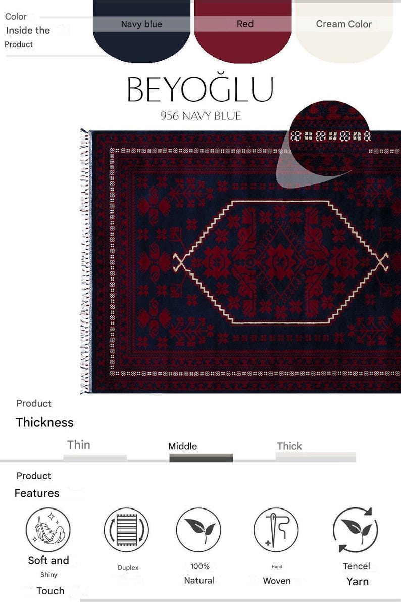May include: Navy blue and red patterned rug with a cream-colored geometric design. The rug features the text "BEYOĞLU 956 NAVY BLUE". The rug is hand-woven with Tencel yarn and has a soft, shiny touch.