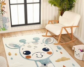 Soft Giraffe Animal Kids Rug, Playroom Nursery Carpet, Safari Cartoon Decor