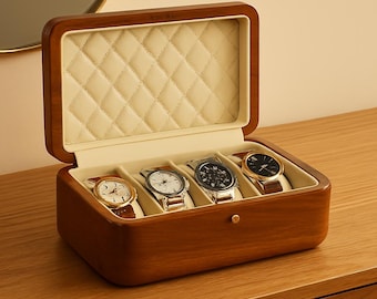 Walnut Wood Watch Box – Quilted Leather Interior, Gift for Men