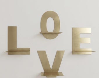 Massief messing LOVE-plankenset: zwevend wanddecor (15" breed) decoratieve planken