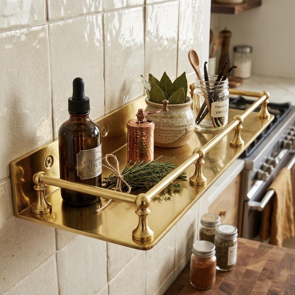 Solid Brass Floating Shelf With Gallery Rails: Modern Minimalist Living ...