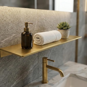 Op de afbeelding: Een moderne badkamerplank met een bruine zeepdispenser, een opgerolde witte handdoek en een kleine vetplant in een pot. De plank is gemaakt van goudkleurig metaal en is bevestigd aan een grijze tegelwand. Een gouden kraan staat op de voorgrond.
