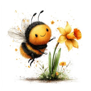 May include: A watercolor illustration of a cartoon bee with a smiling face, black and yellow stripes, and transparent wings. The bee is reaching towards a yellow daffodil flower with an orange center, surrounded by green leaves and small yellow flowers.