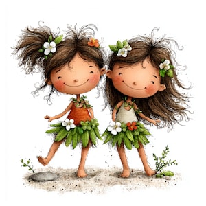 May include: Illustration of two smiling girls with brown hair, adorned with flowers. They wear leaf skirts and tops in orange and white. The artwork has a whimsical, cartoon style, set against a sandy background.