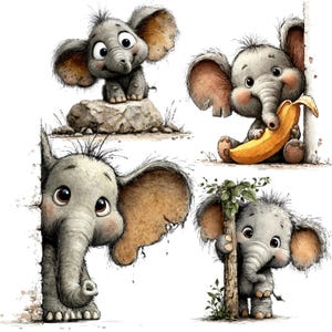 May include: A collection of four cartoon illustrations of baby elephants. One sits on a rock, another holds a banana, and two peek from behind objects. The elephants are gray with large ears and expressive eyes.