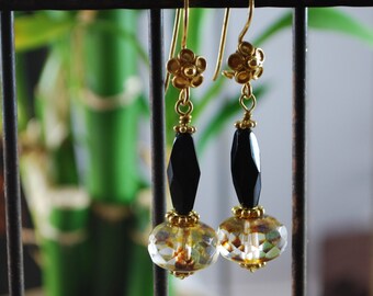 Czech black and gold earrings, vermeil earrings, black earrings, SRAJD