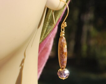 SALE***Gold and Lavendar czech glass earrings, vermeil earrings, gold earrings, SRAJD