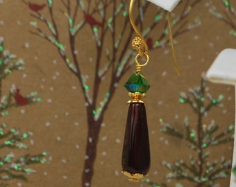 Lovely vermeil earrings, read and green earrings, czech glass and swarovski crystal, SRAJD