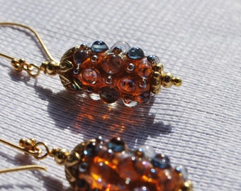 SALE:Lampwork earrings, golden earrings, gold earrings, vermeil earrings, honey and caramel golden earrings, srajd