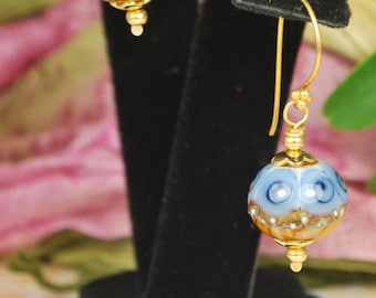 Lovely two toned artist crafted lampwork earrings, blue and brown earrings, vermeil earrings, SRAJD