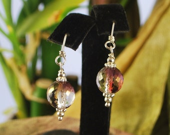 Beautiful faceted glass earrings, sterling silver handcrafted earwires, sparkly dangles, SRAJD