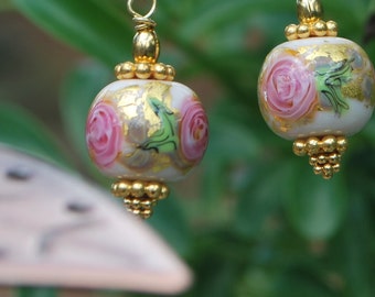 Lampwork Rose earrings, vermeil earrings, gold earrings, srajd