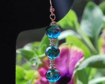 SALE***Silver blue earrings, czech crystal blue earrings, long dangle silver earrings, blue earrings