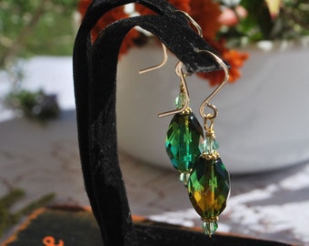 Czech glass earrings, green and gold earrings, green earrings, gold filled earrings, SRAJD