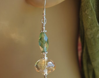 SALE:Czech glass earrings; champagne and green earrings; sterling silver earrings; artisan created earrings; srajd,