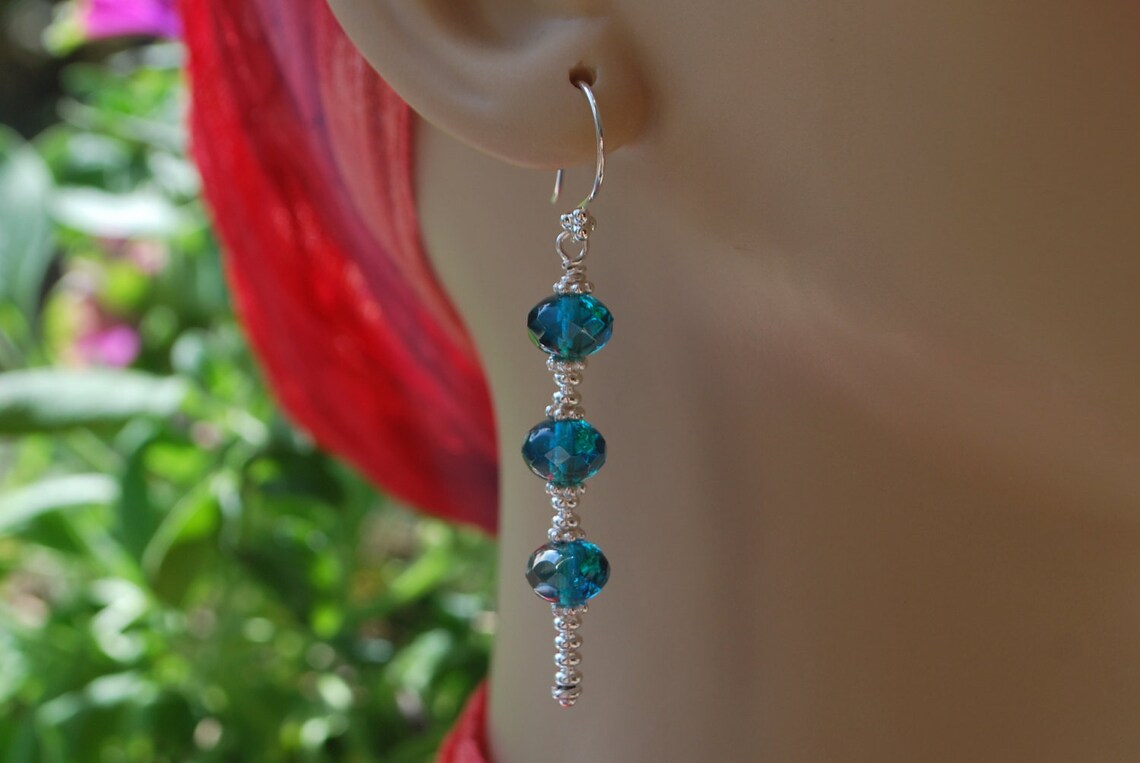 Salesilver Blue Earrings, Czech Crystal Blue Earrings, Long Dangle