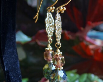 Romantic czech beads champagne olive green gold accented earrings