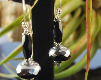 Black and Silver Czech glass dangle earrings