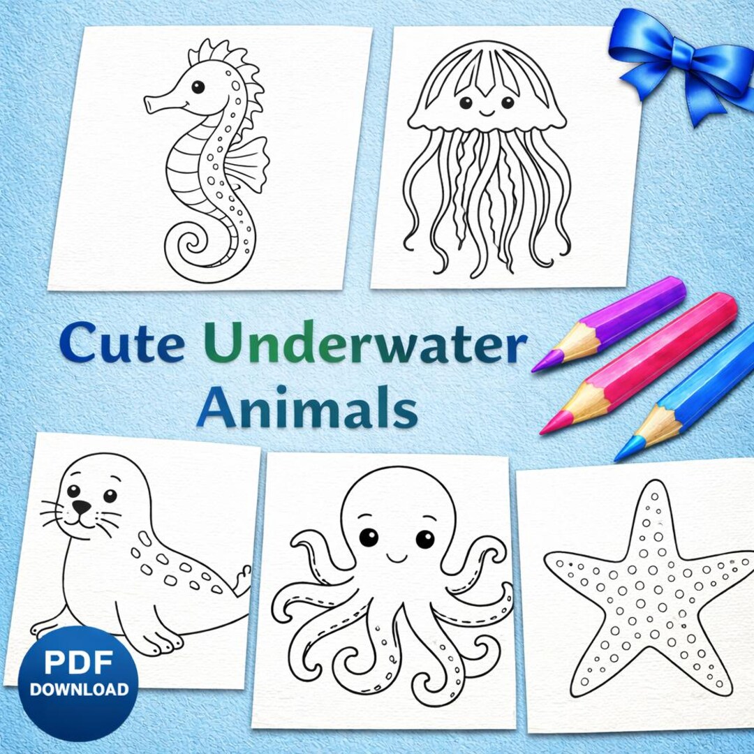 Cute Underwater Animals Coloring Pages | Ocean Animals Coloring Set ...