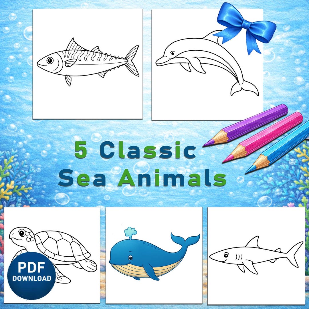 5 Classic Sea Animals Coloring Pages | Ocean Animals Coloring Set ...