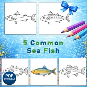 5 Common Sea Fish Coloring Pages | Ocean Fish Coloring Set | Mackerel Sardine Herring Cod | Kids Coloring Pages | ZIP PDF