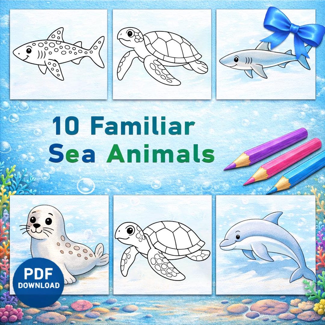 10 Familiar Sea Animals Coloring Pages | Ocean Animals Coloring Set ...