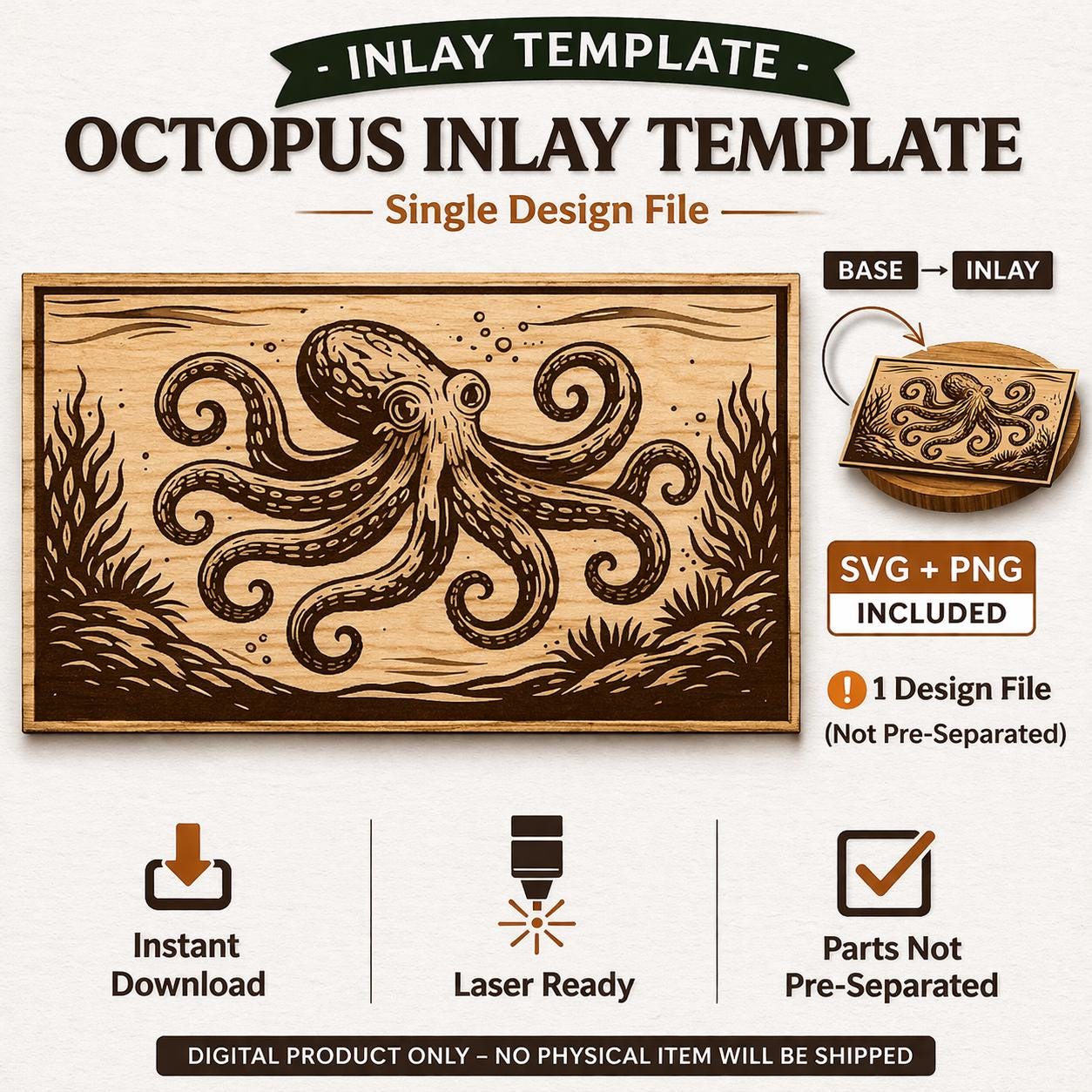 Octopus Inlay Octopus Inlay Template SVG PNG | Laser Cut Ocean Marine Wall Art ...