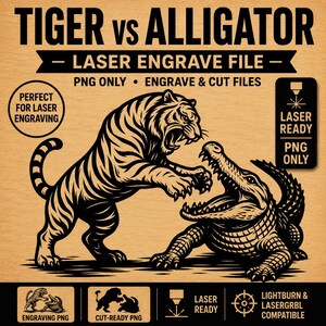 Può includere: Un grafico digitale nero e beige che mostra una tigre e un alligatore in una confrontazione. Il testo recita TIGER VS ALLIGATOR, LASER ENGRAVE FILE, PNG ONLY, ENGRAVE & CUT FILES, LASER READY, LIGHTBURN & LASERGRBL COMPATIBLE e ENGRAVING PNG.