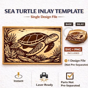 Op de afbeelding: Zee schildpad inleg sjabloon ontwerp. De afbeelding toont een laser-klaar ontwerp van een zeeschildpad die in de oceaan zwemt. Het ontwerp staat in een houten frame, met de woorden "SEA TURTLE INLAY TEMPLATE" bovenaan. Het ontwerpbestand bevat SVG- en PNG-formaten.
