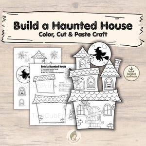 Puede incluir: Un set de manualidades en blanco y negro titulado Build a Haunted House, que incluye hojas con contornos de una casa, una bruja en escoba, un fantasma, una calabaza y telarañas para colorear, recortar y pegar en una escena de casa encantada.