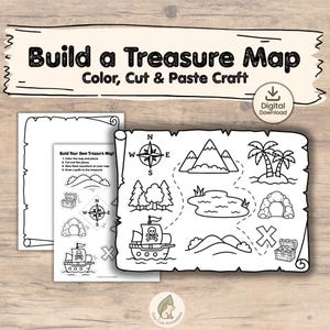 Peut inclure: Un ensemble de loisirs créatifs imprimable intitulé Build a Treasure Map Color, Cut & Paste Craft. Il comprend un modèle de carte vierge, une feuille avec des illustrations à découper comme un navire, une boussole, des montagnes et un coffre.