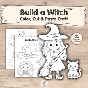Puede incluir: Una actividad de manualidades imprimible en blanco y negro titulada Build a Witch Color, Cut & Paste Craft. La hoja presenta una ilustración lineal de una bruja con una escoba, un gato y varios componentes recortables que incluyen un sombrero, cabeza y piernas.