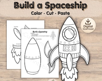 Manualidad de nave espacial para niños / Actividad imprimible de cortar y pegar con cohetes / Manualidad de motricidad fina espacial para preescolares