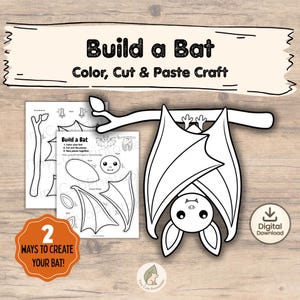 Może przedstawiać: Zestaw do rękodzieła do druku zatytułowany Build a Bat Color, Cut & Paste Craft. Zawiera czarno-białe rysunki liniowe z częściami nietoperza, takimi jak głowa, ciało, skrzydła, uszy oraz gałąź drzewa. Widoczna jest ikona pobierania cyfrowego oraz odznaka 2 ways to create your bat.