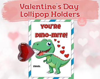 Tarjetas de San Valentín con soporte para piruletas de dinosaurios / Tarjetas de San Valentín para el aula (Descarga instantánea)