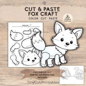 May include: A printable fox craft kit with the text "Cut & Paste Fox Craft." The kit includes a fox outline, cut-out pieces, and a habitat coloring page. The full size is 8.5" x 11". The fox is white with black outlines.