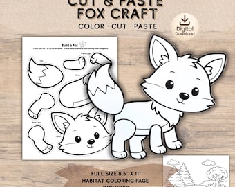 Manualidad de zorro para recortar y pegar / Página para colorear de animales del bosque (Descarga digital)